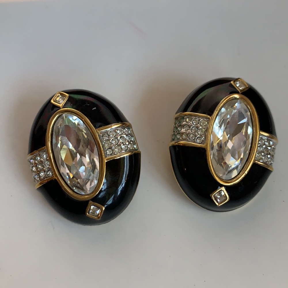 St.John vintage Swarovski black and gold with Swarovski crystals stud earnings